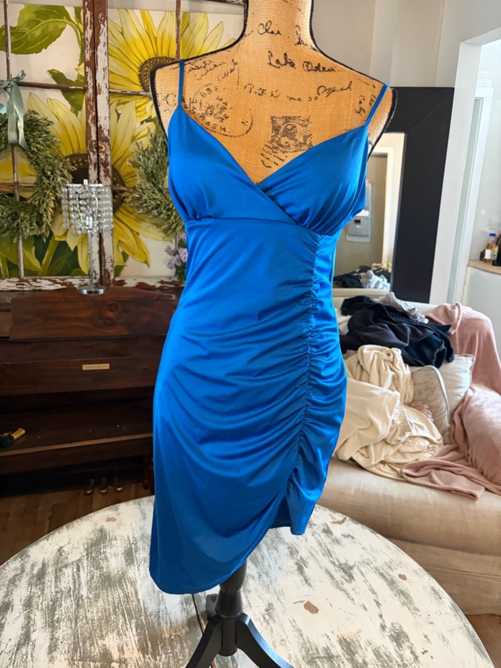 B Darlin Cobalt Blue Ruched Slip Dress